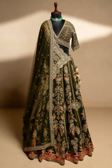 Olive Green Matka Silk Zardosi and Sequin Worked Lehenga with Double Dupatta