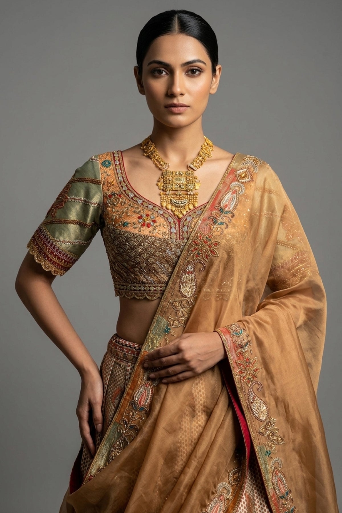 Brown Tissue Silk Printed Lehenga with Zardosi Work