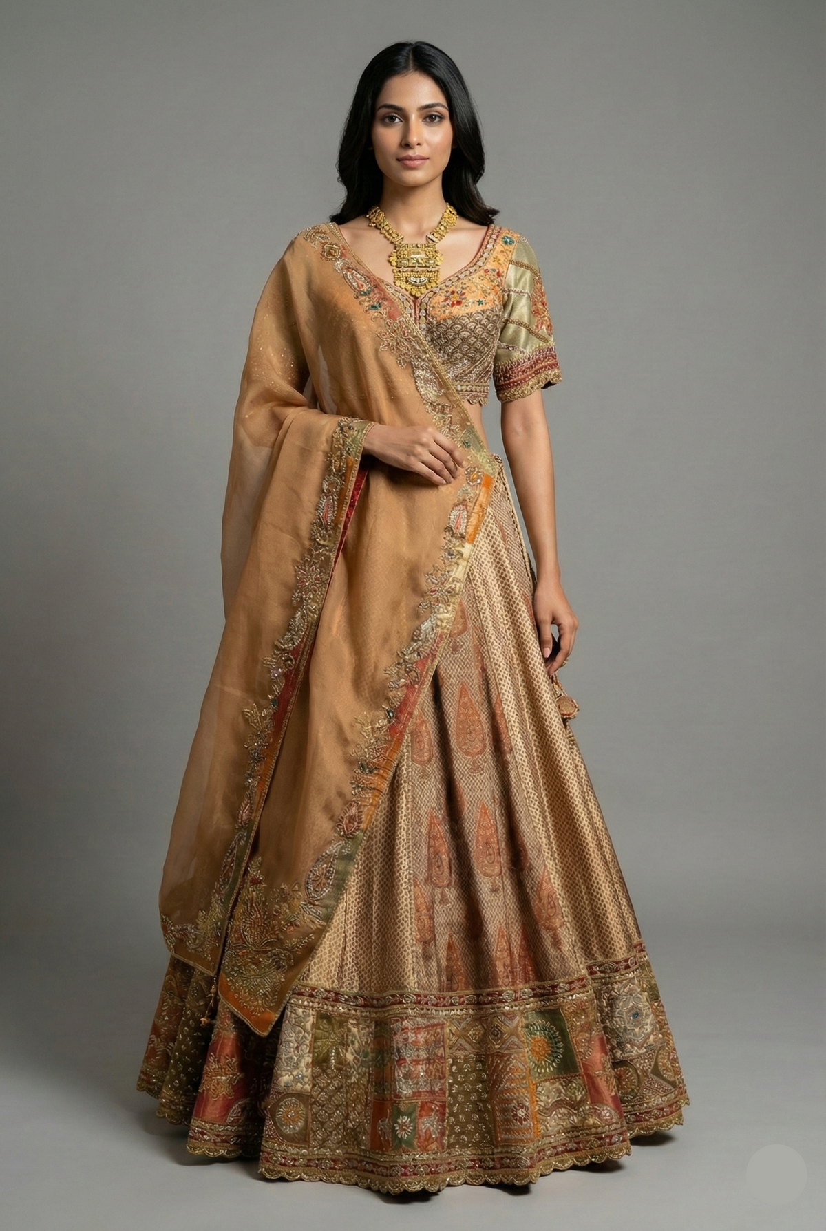 Brown Tissue Silk Printed Lehenga with Zardosi Work