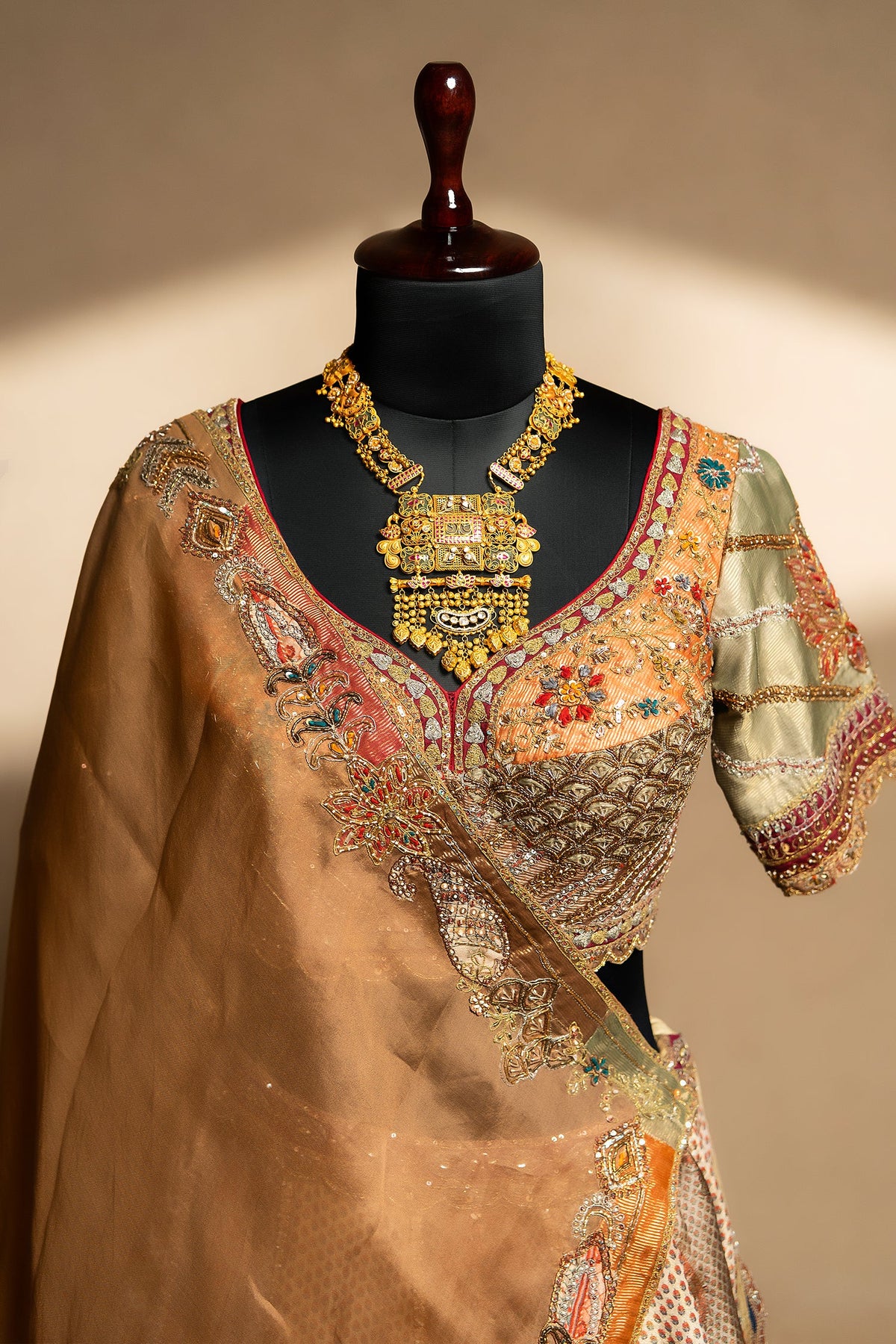 Brown Tissue Silk Printed Lehenga with Zardosi Work