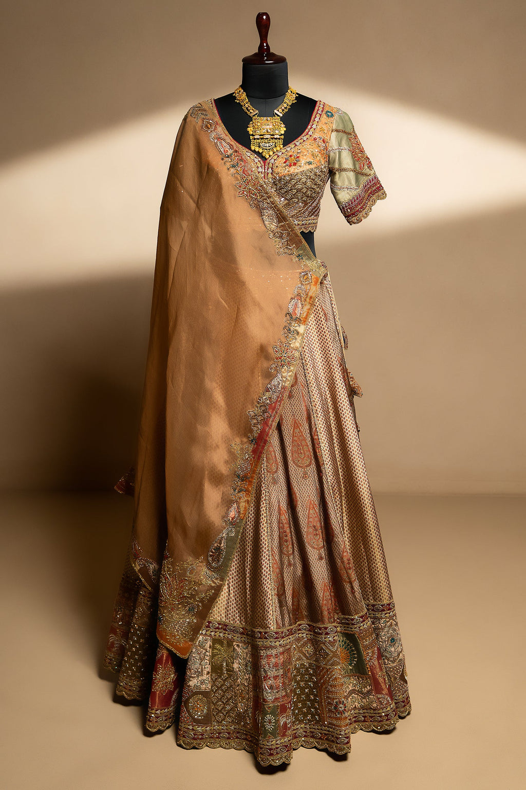 Brown Tissue Silk Printed Lehenga with Zardosi Work