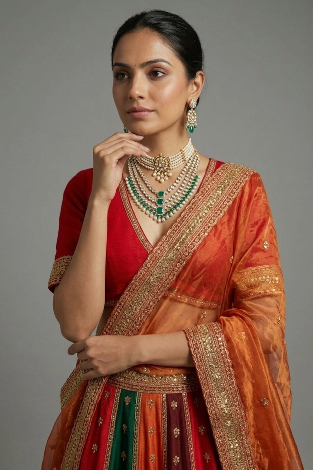 Multi Colored Matka Silk Designer Bridal Lehenga with Double Dupatta
