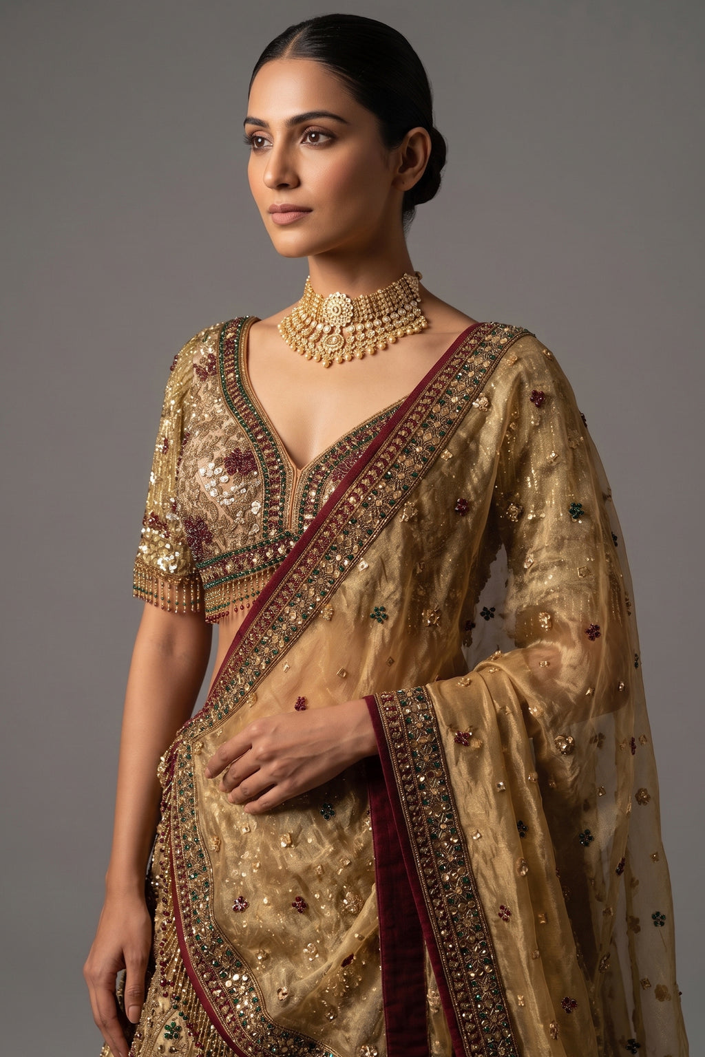 Golden Tissue Silk Sequinned and Beaded Designer Lehenga