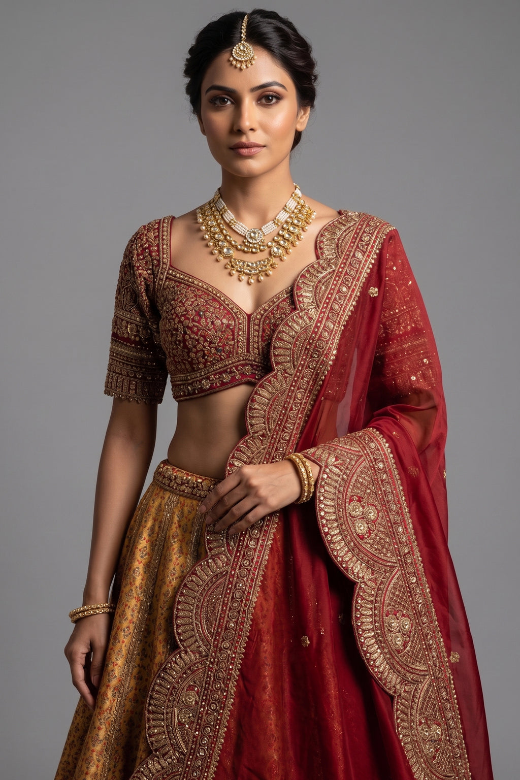 Golden Matka Silk Printed Lehenga with Contrast Scallop Border