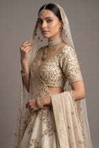 Pearl White Raw Silk Designer Zardosi Worked Lehenga with Double Dupatta