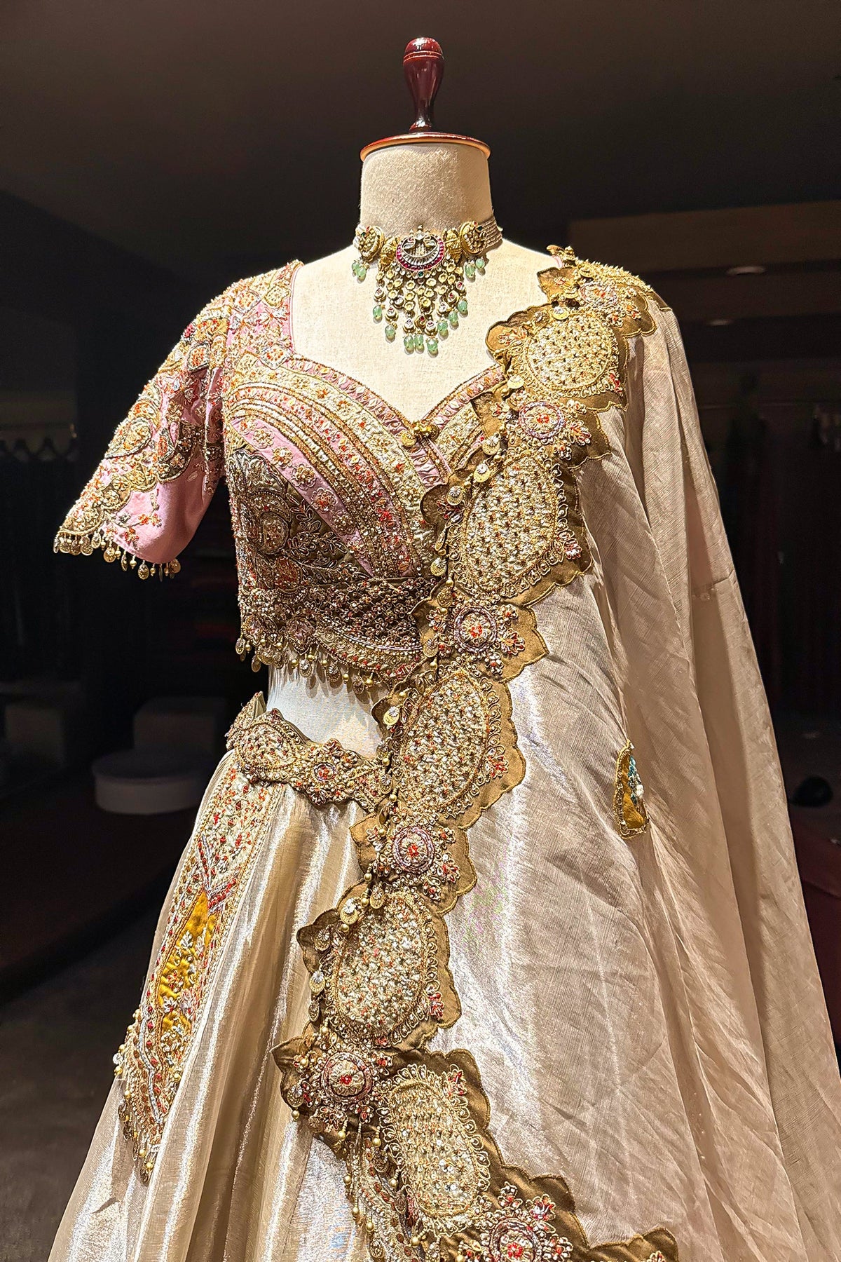 Golden Tissue Silk Desginer Embroidered and Zardosi Patch Worked Lehenga