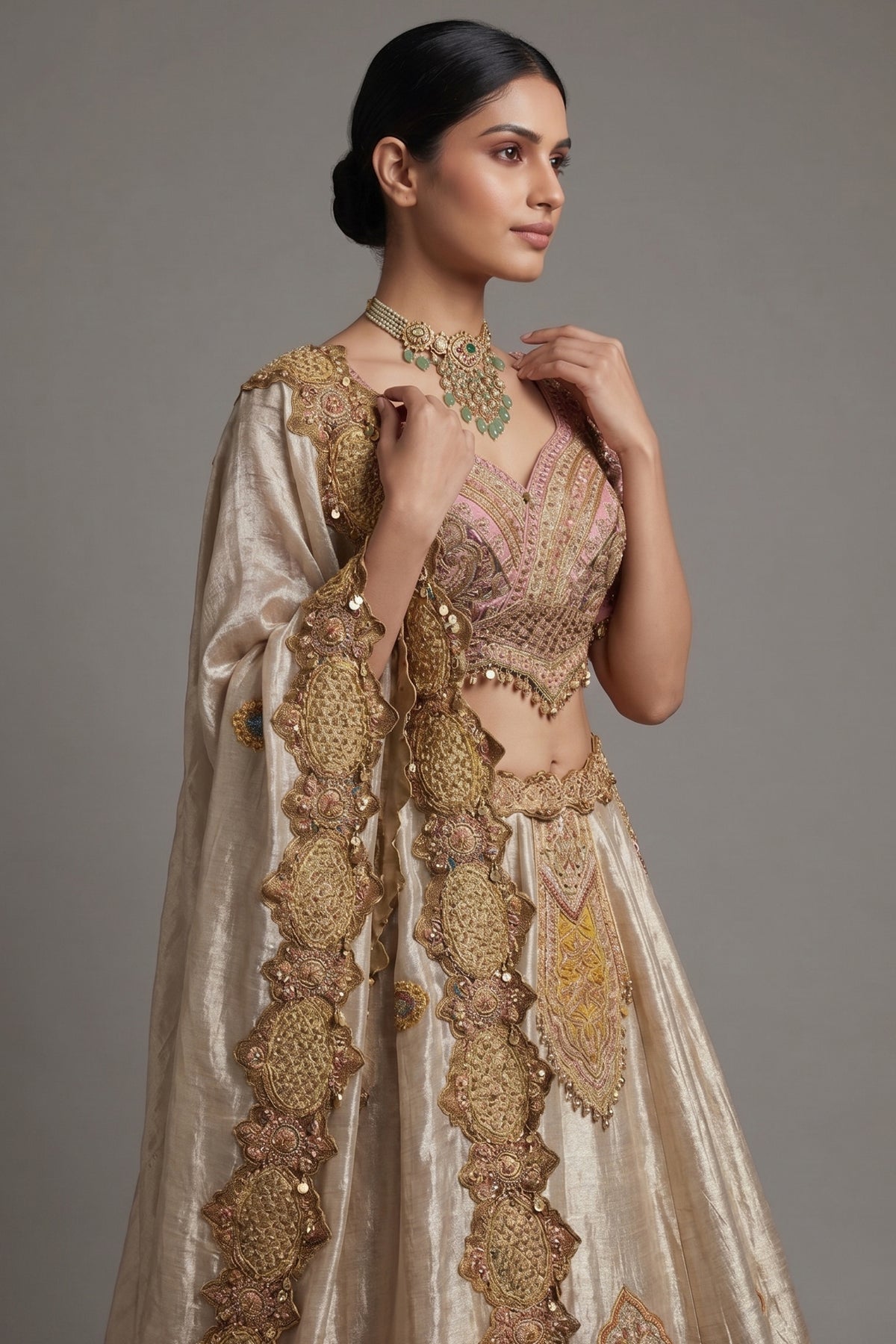 Golden Tissue Silk Desginer Embroidered and Zardosi Patch Worked Lehenga