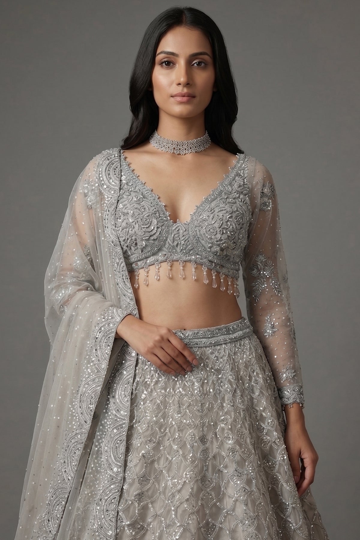 Grey Net Designer All Over Sequinned and Mirror Worked Lehenga