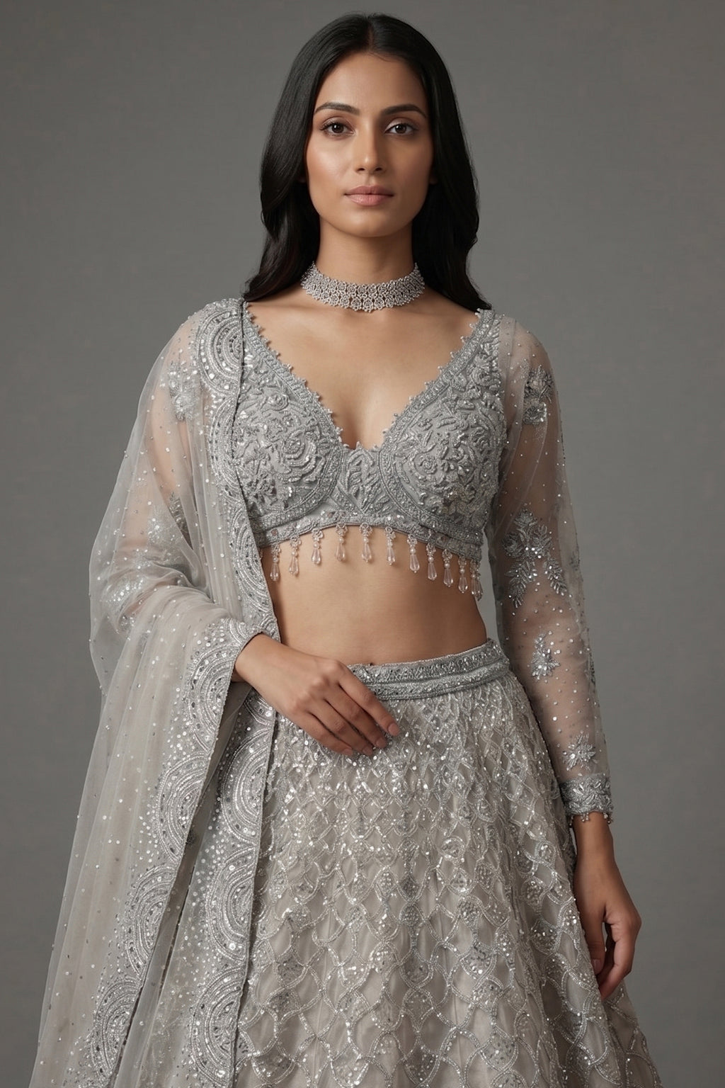 Grey Net Designer All Over Sequinned and Mirror Worked Lehenga