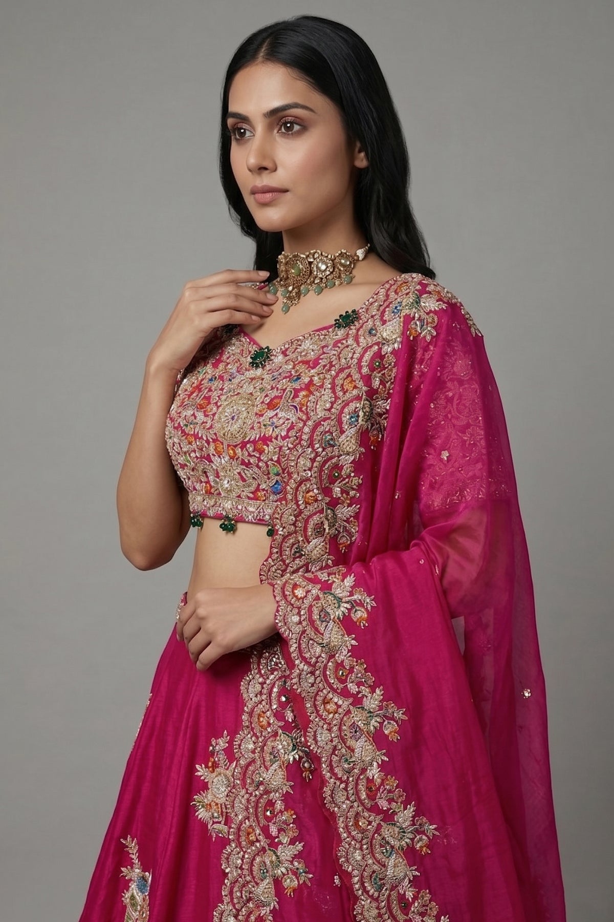 Pink Organza Lehenga with Beads and Zardosi Worked Peacock Motif Butta