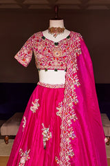 Pink Organza Lehenga with Beads and Zardosi Worked Peacock Motif Butta