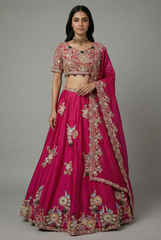 Pink Organza Lehenga with Beads and Zardosi Worked Peacock Motif Butta