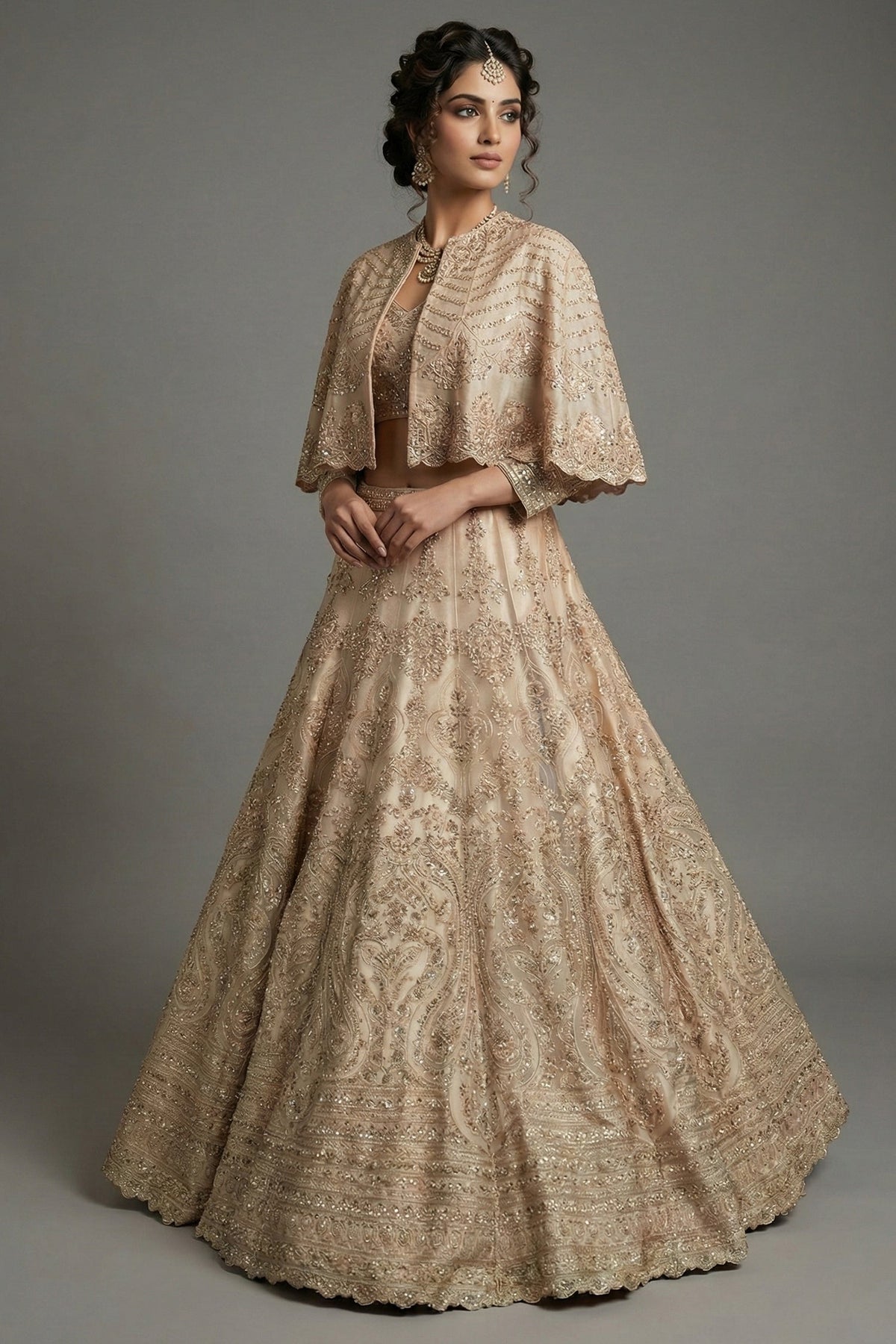 Light Peach Organza Cutdana Worked Crop Top Lehenga with Cape Jacket