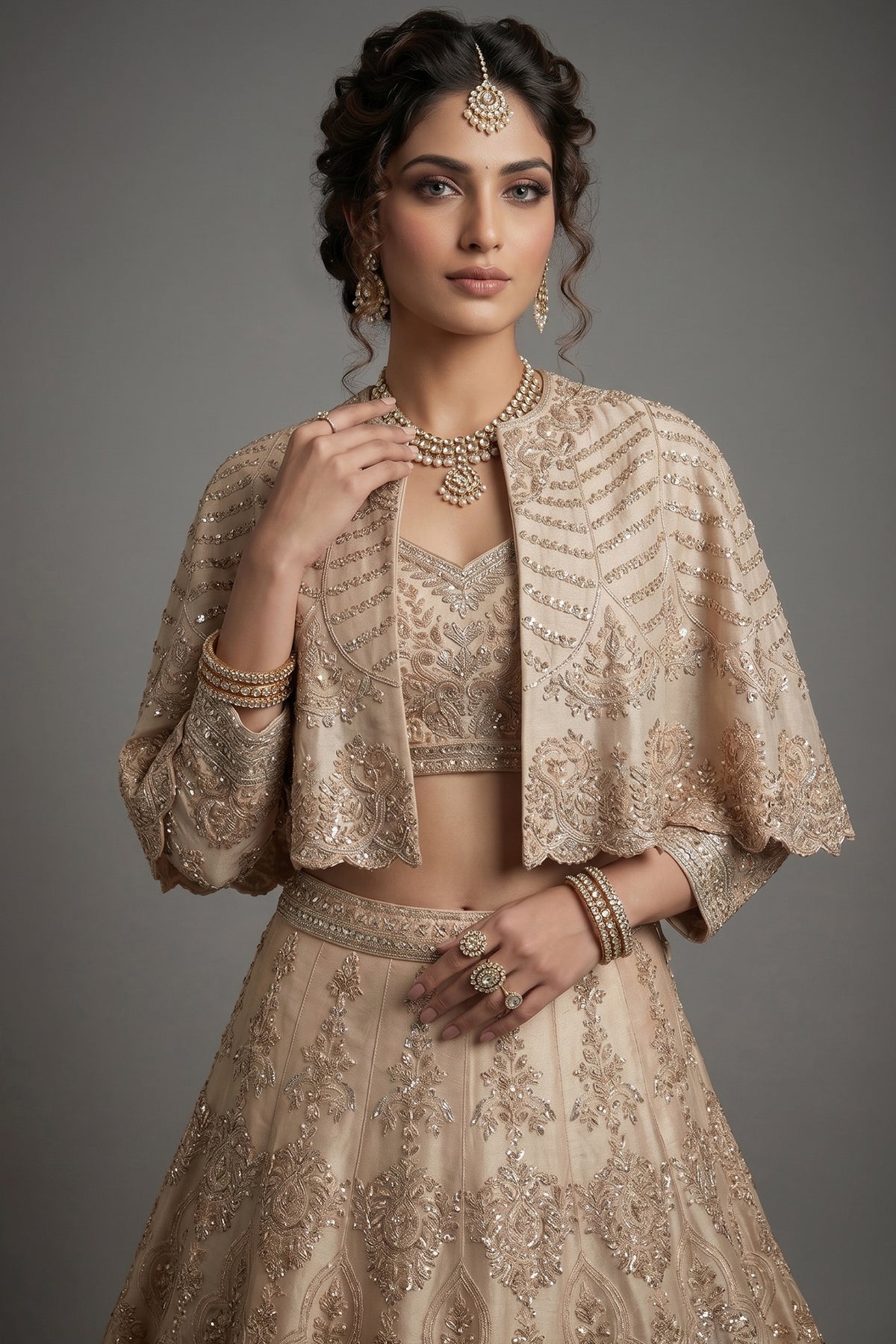 Light Peach Organza Cutdana Worked Crop Top Lehenga with Cape Jacket