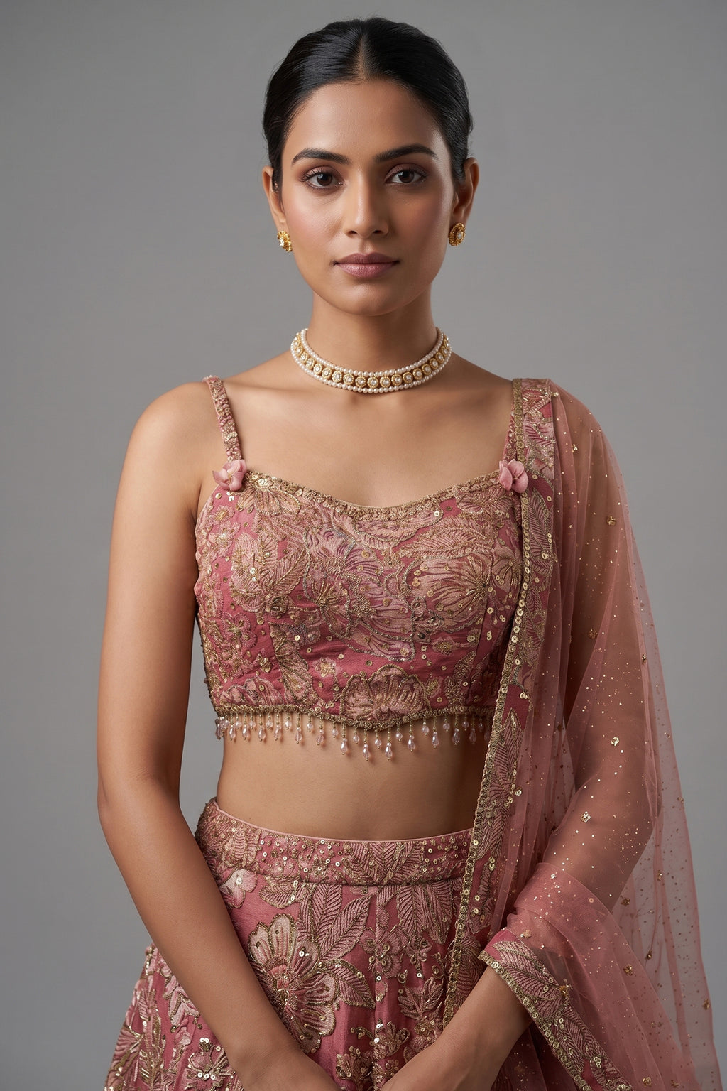 Pink Tissue Organza Floral Printed Lehenga with Cutdana Sequin Work