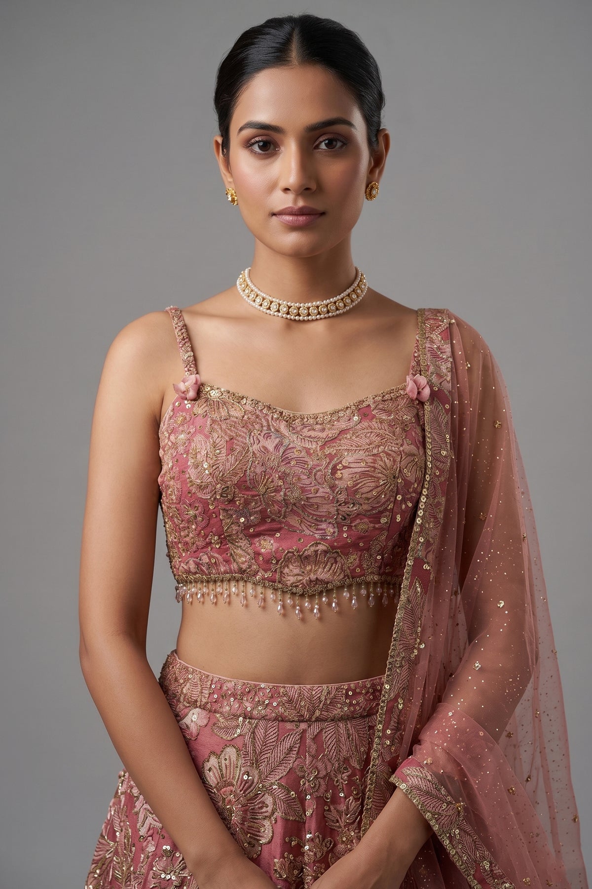 Pink Tissue Organza Floral Printed Lehenga with Cutdana Sequin Work