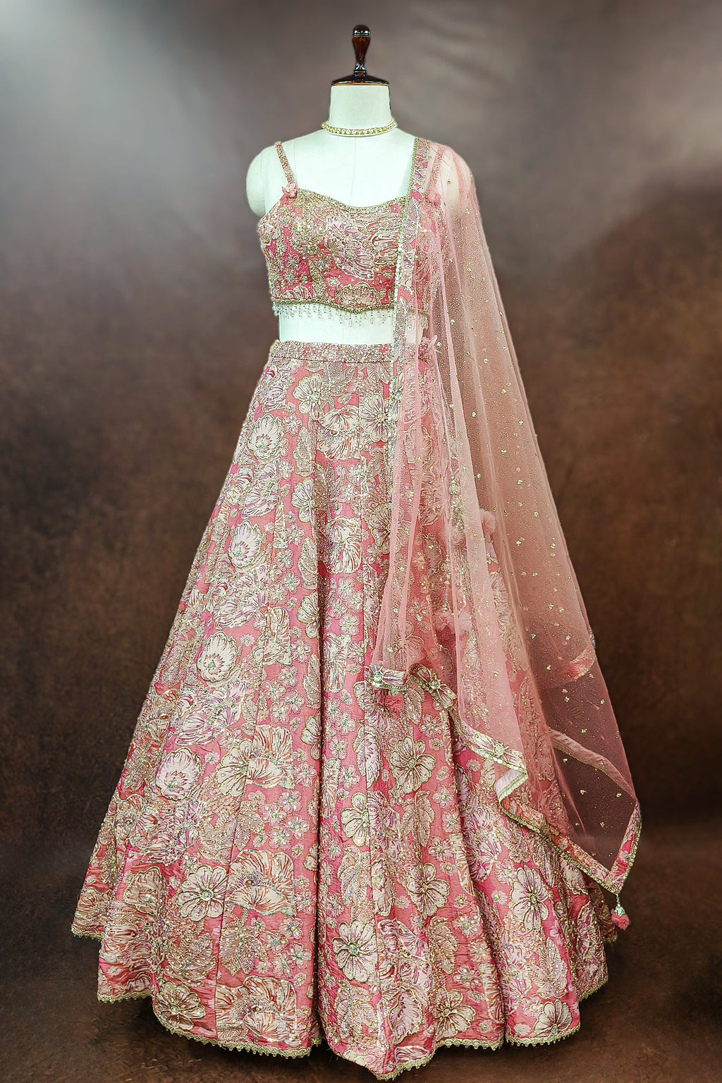 Pink Tissue Organza Floral Printed Lehenga with Cutdana Sequin Work