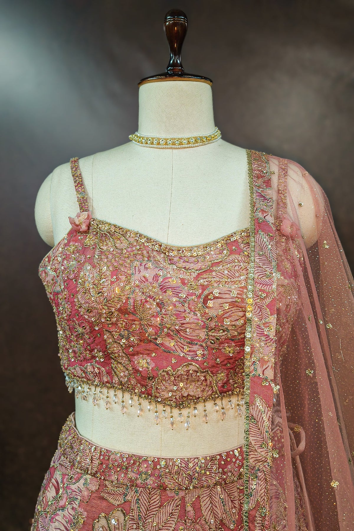 Pink Tissue Organza Floral Printed Lehenga with Cutdana Sequin Work