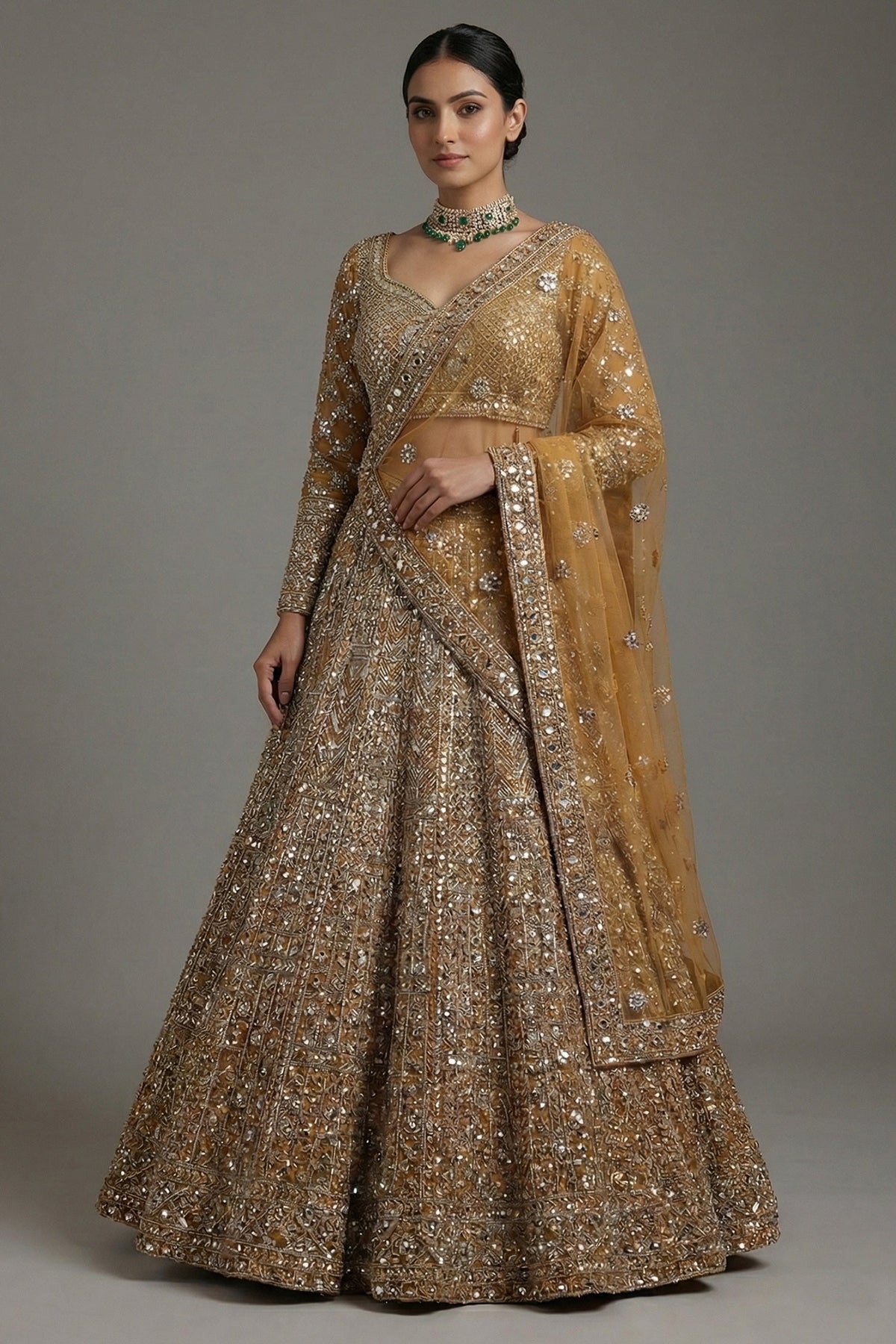 Golden Net Sequins Cutdana Worked Designer Lehenga
