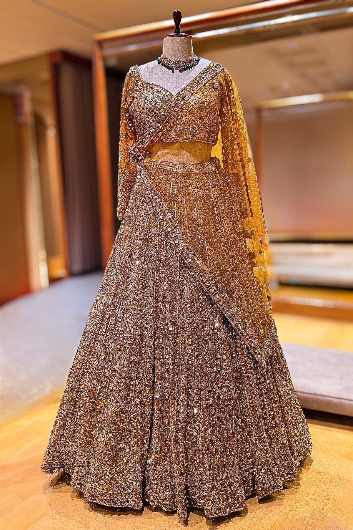 Golden Net Sequins Cutdana Worked Designer Lehenga