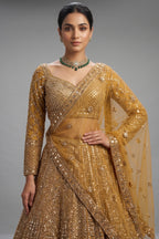 Golden Net Sequins Cutdana Worked Designer Lehenga