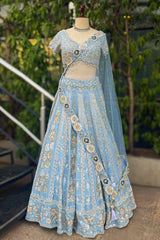Light Blue Silk All Over Beaded and Mirror Worked Lehenga