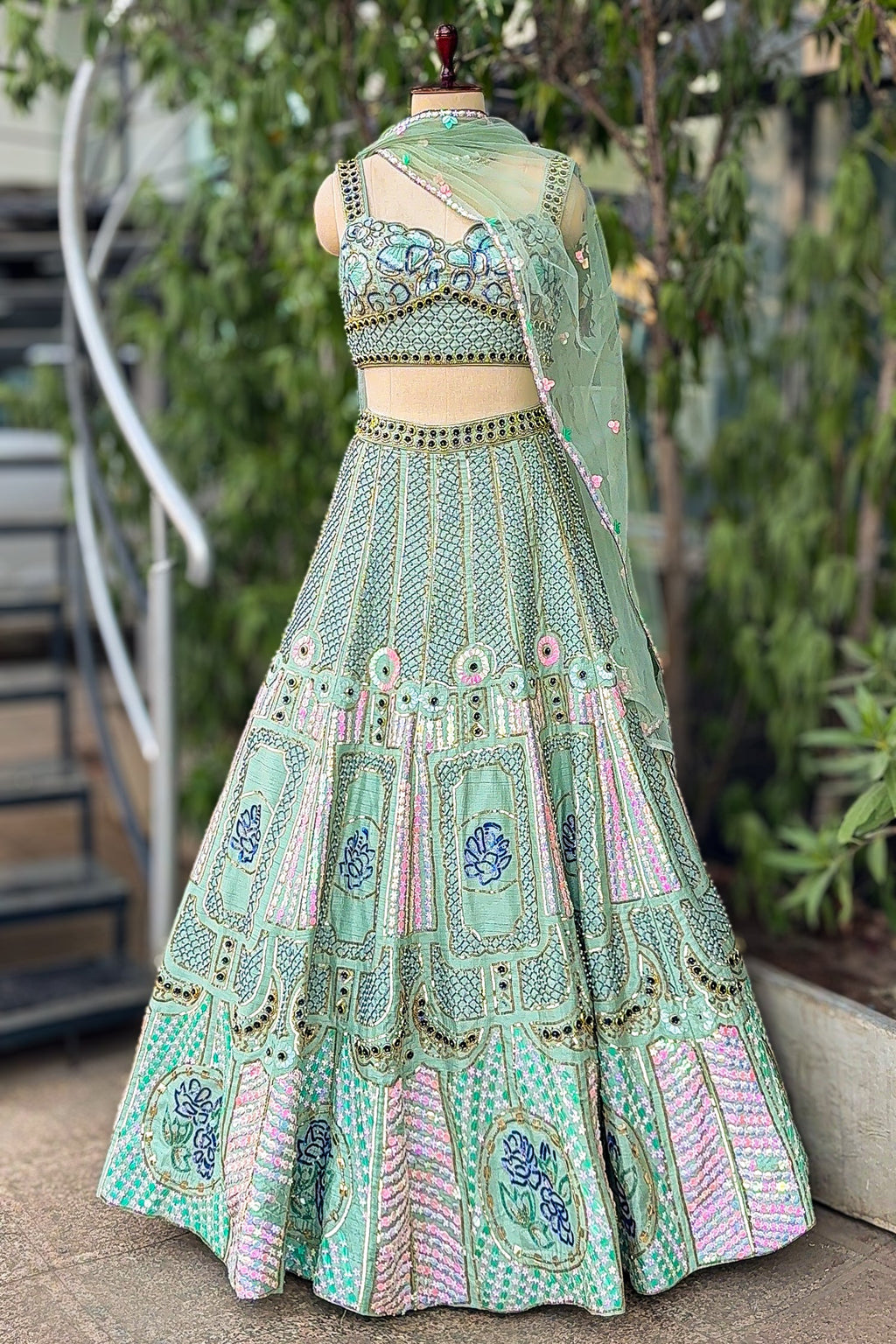 Pista Green Silk Sequin and Cutdana Worked Lehenga