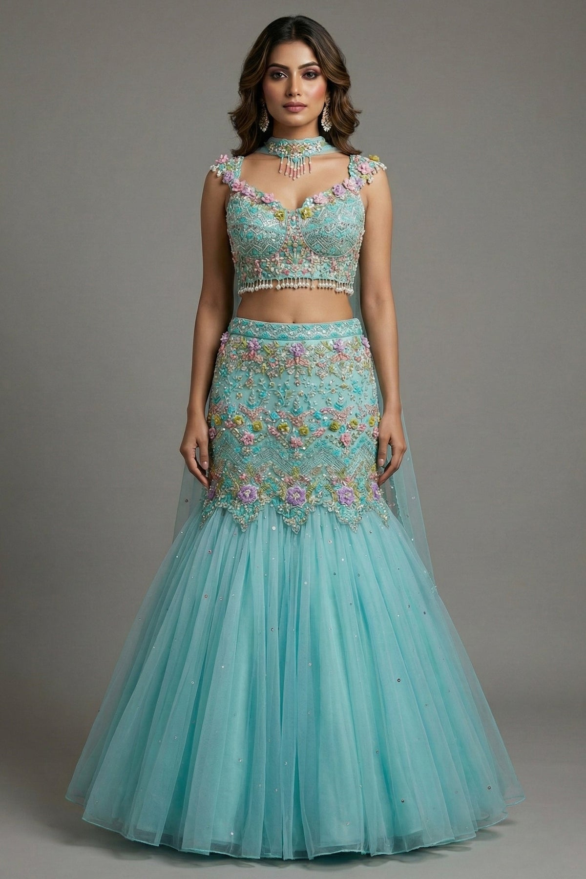 Mint Blue Net Designer Sequinned and Beaded Work Fish Cut Lehenga