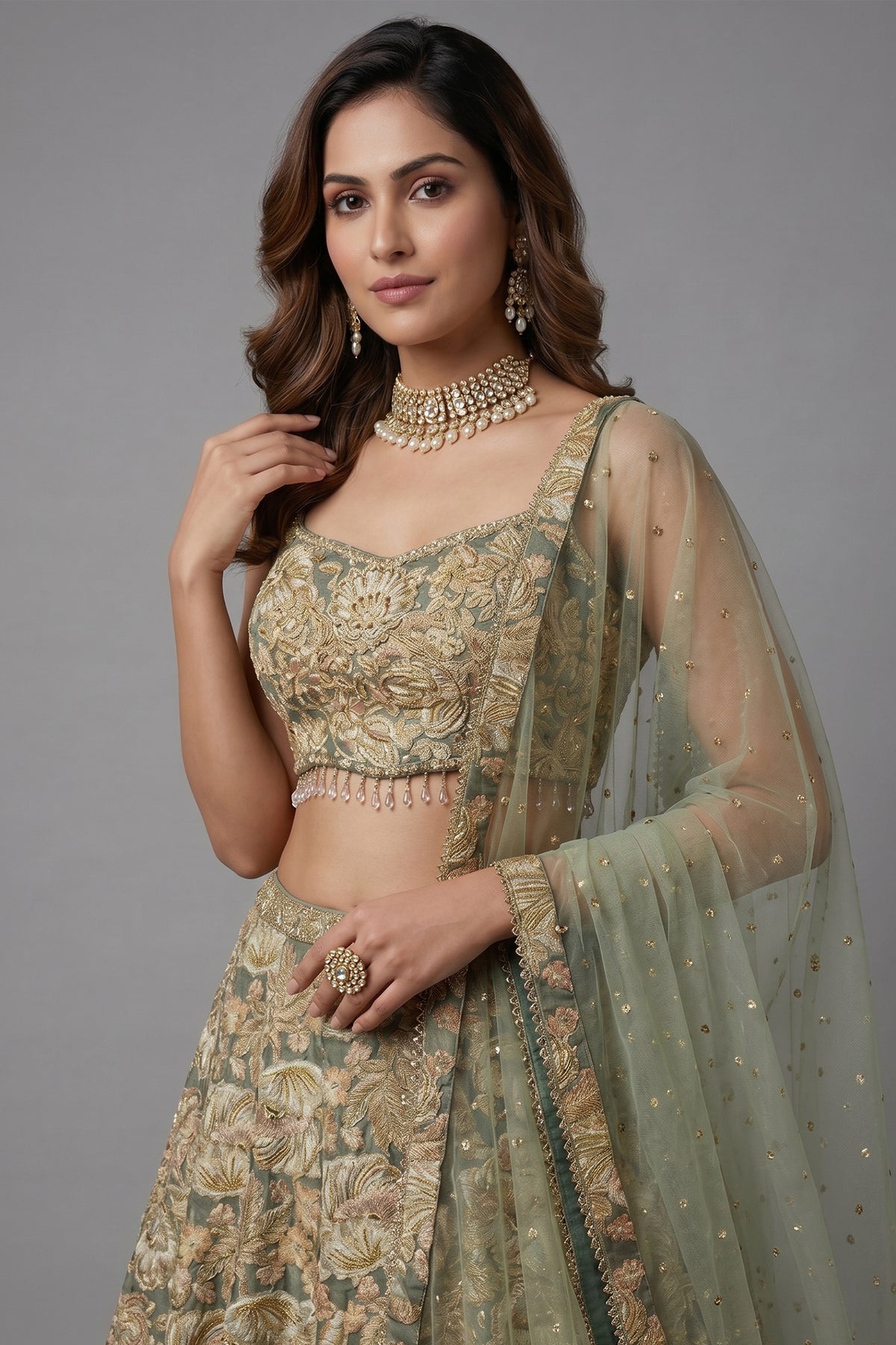 Green Tissue Organza Floral Printed Lehenga with Cutdana Sequin Work