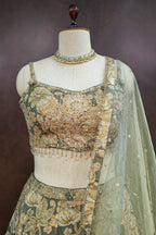 Green Tissue Organza Floral Printed Lehenga with Cutdana Sequin Work