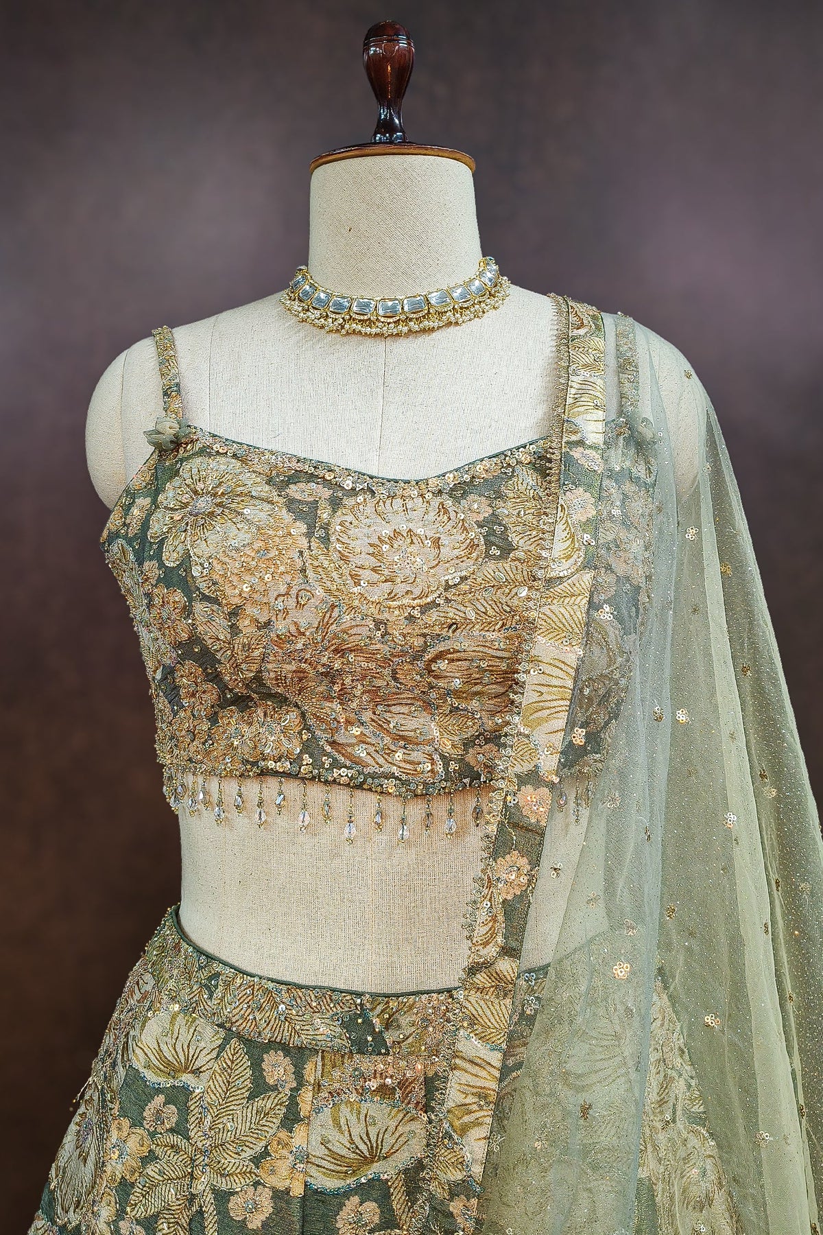 Green Tissue Organza Floral Printed Lehenga with Cutdana Sequin Work
