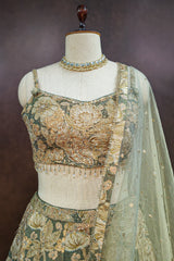 Green Tissue Organza Floral Printed Lehenga with Cutdana Sequin Work