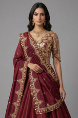 Maroon Glass Tissue Organza Lehenga with Sequin Work