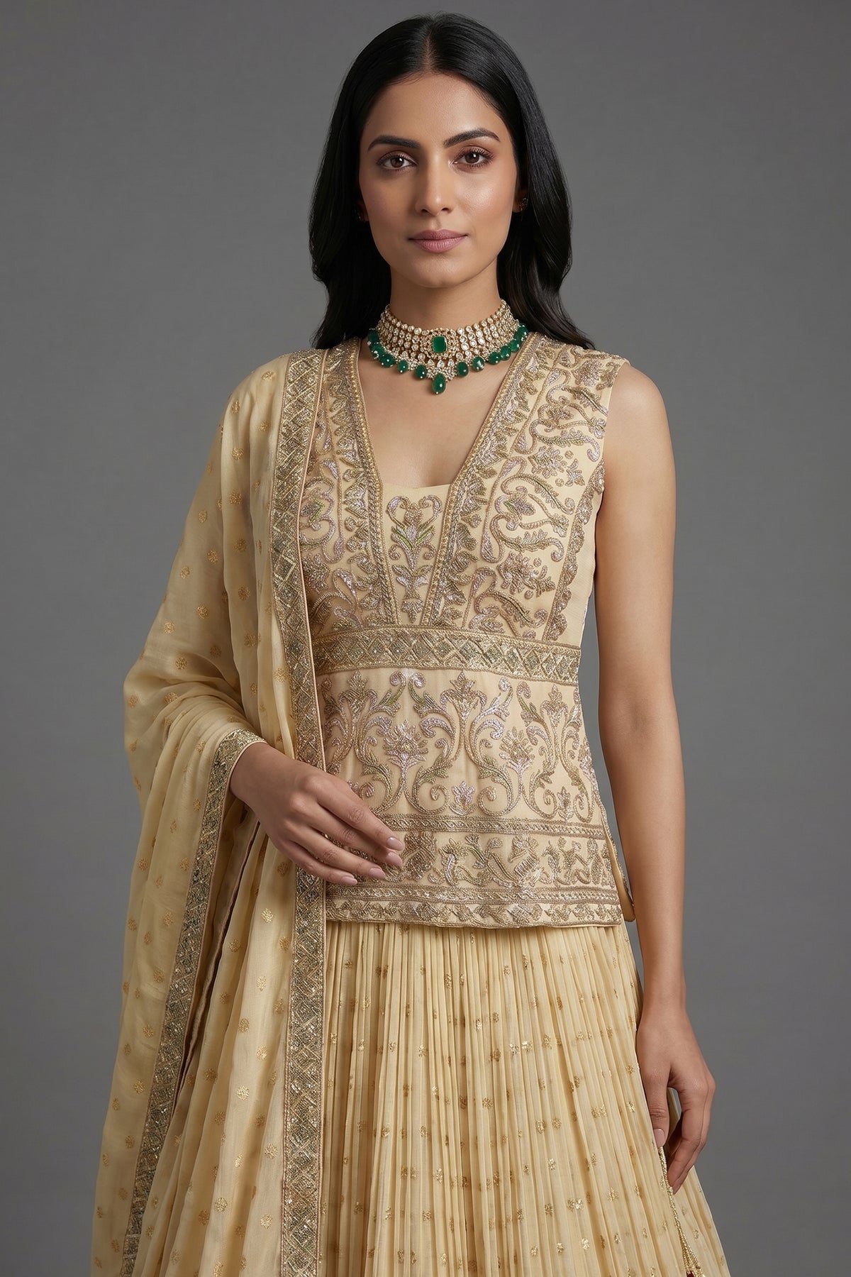 Cream Tissue Embroidered Lehenga Choli with Dupatta