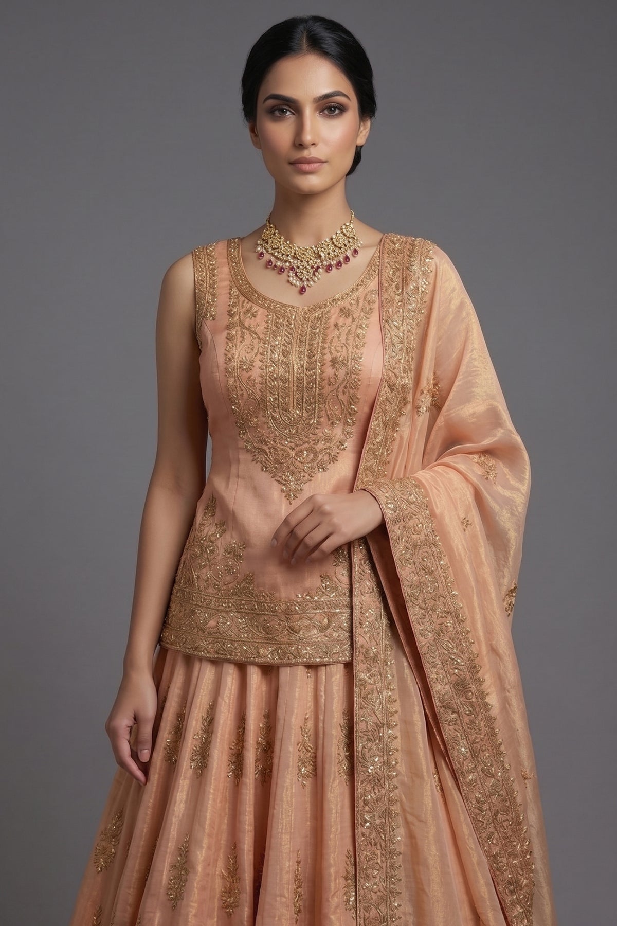 Blush Peach Tissue Embroidered Lehenga with Peplum Blouse