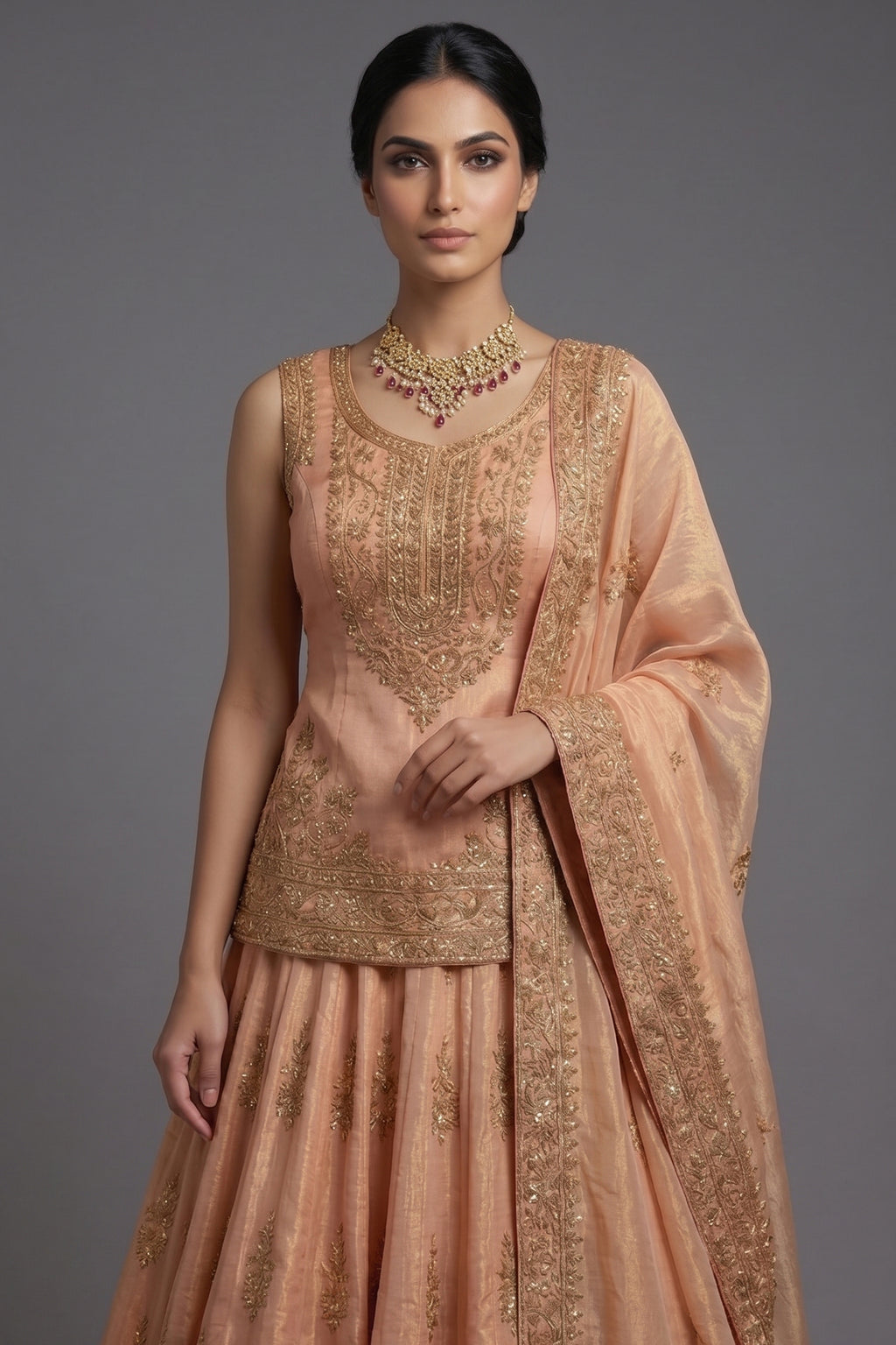 Blush Peach Tissue Embroidered Lehenga with Peplum Blouse