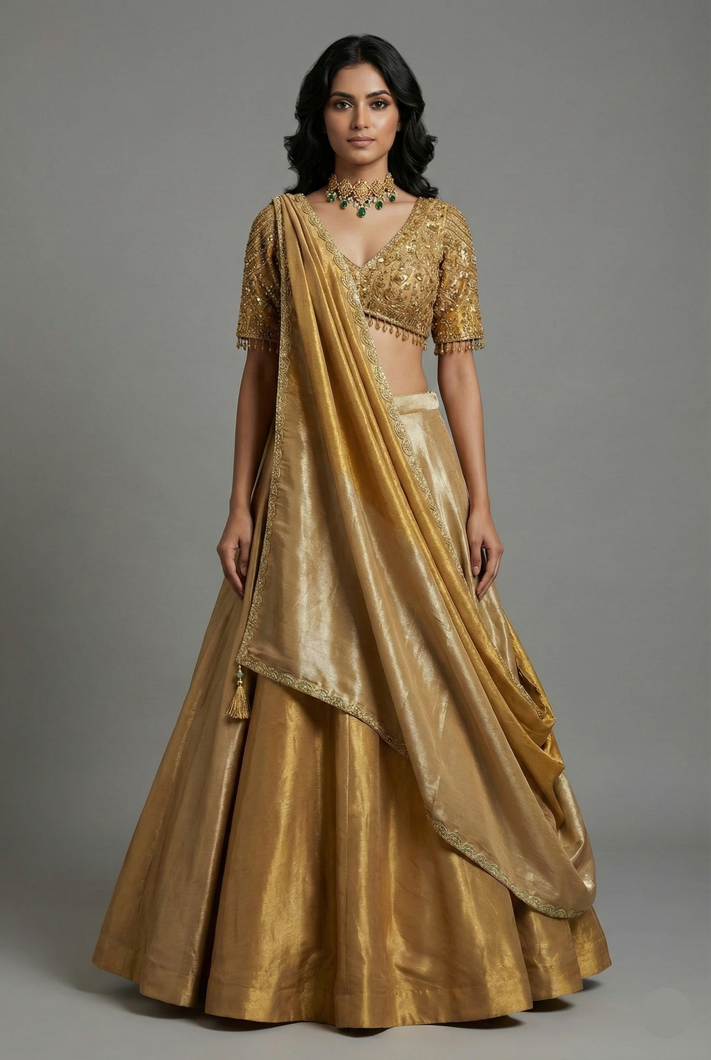 Golden Tissue Silk Plain Lehenga with Sequinned and Beaded Designer Blouse