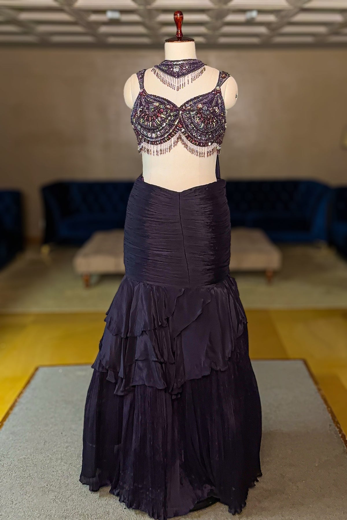 Purple Fish-Cut Ruffled Lehenga with Designer Blouse