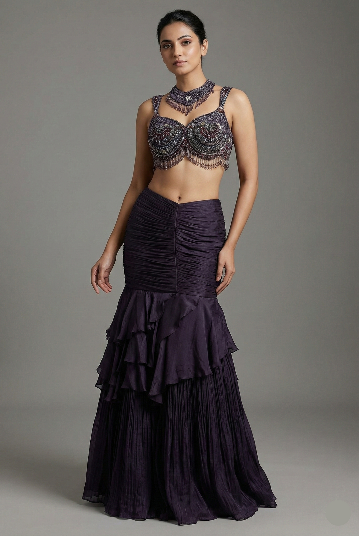 Purple Fish-Cut Ruffled Lehenga with Designer Blouse