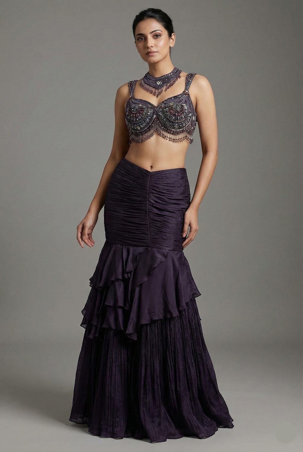 Purple Fish-Cut Ruffled Lehenga with Designer Blouse