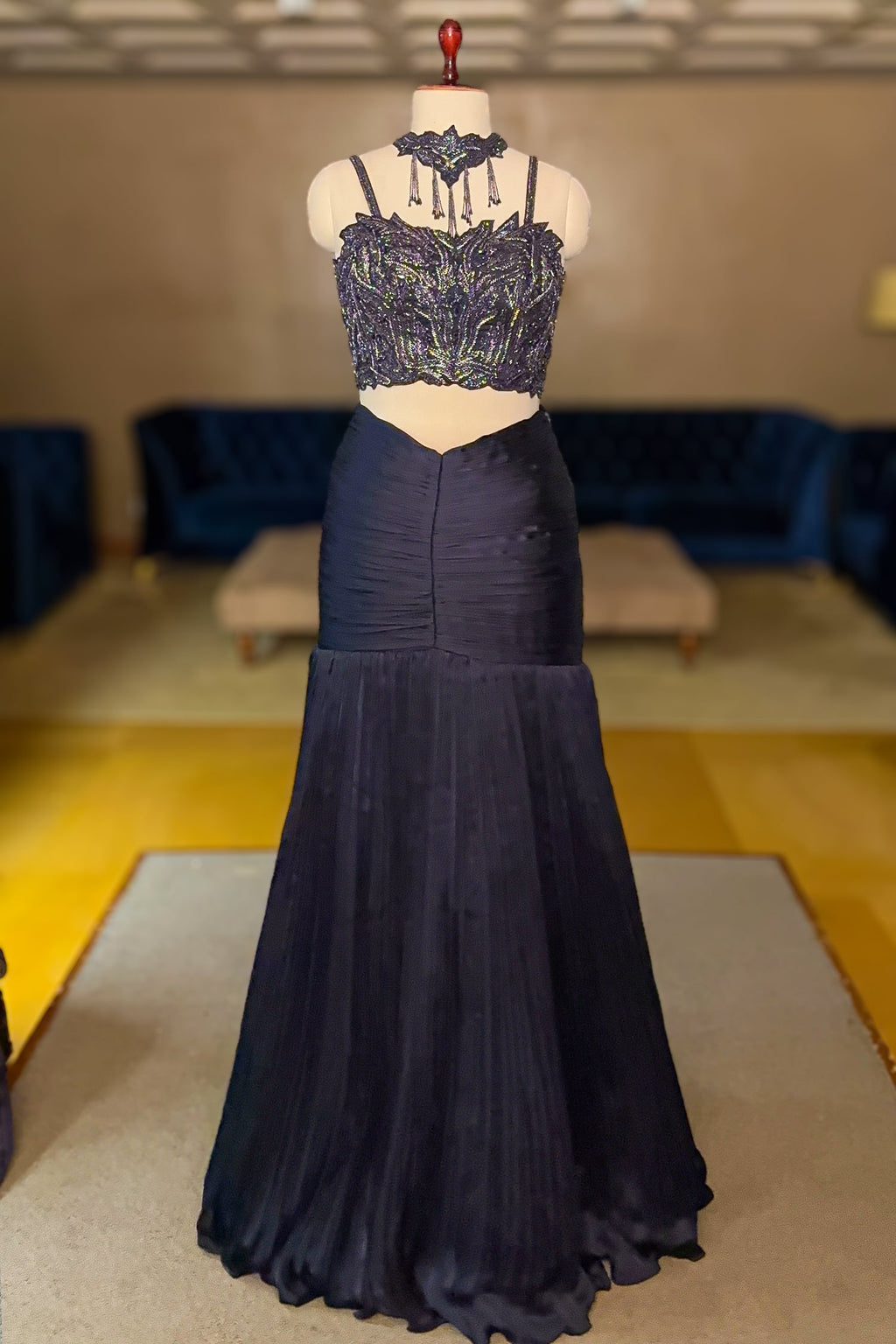 Dark Blue Fishcut Lehenga with Blouse and Choker Dupatta