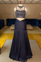 Dark Blue Fishcut Lehenga with Blouse and Choker Dupatta