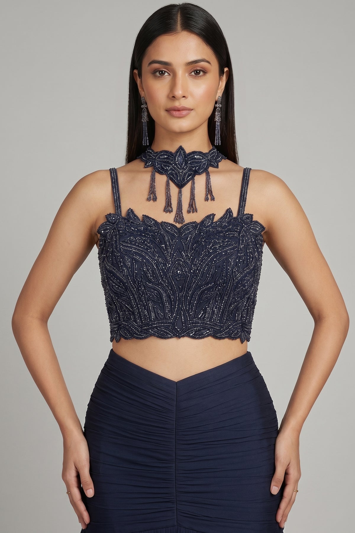 Dark Blue Fishcut Lehenga with Blouse and Choker Dupatta