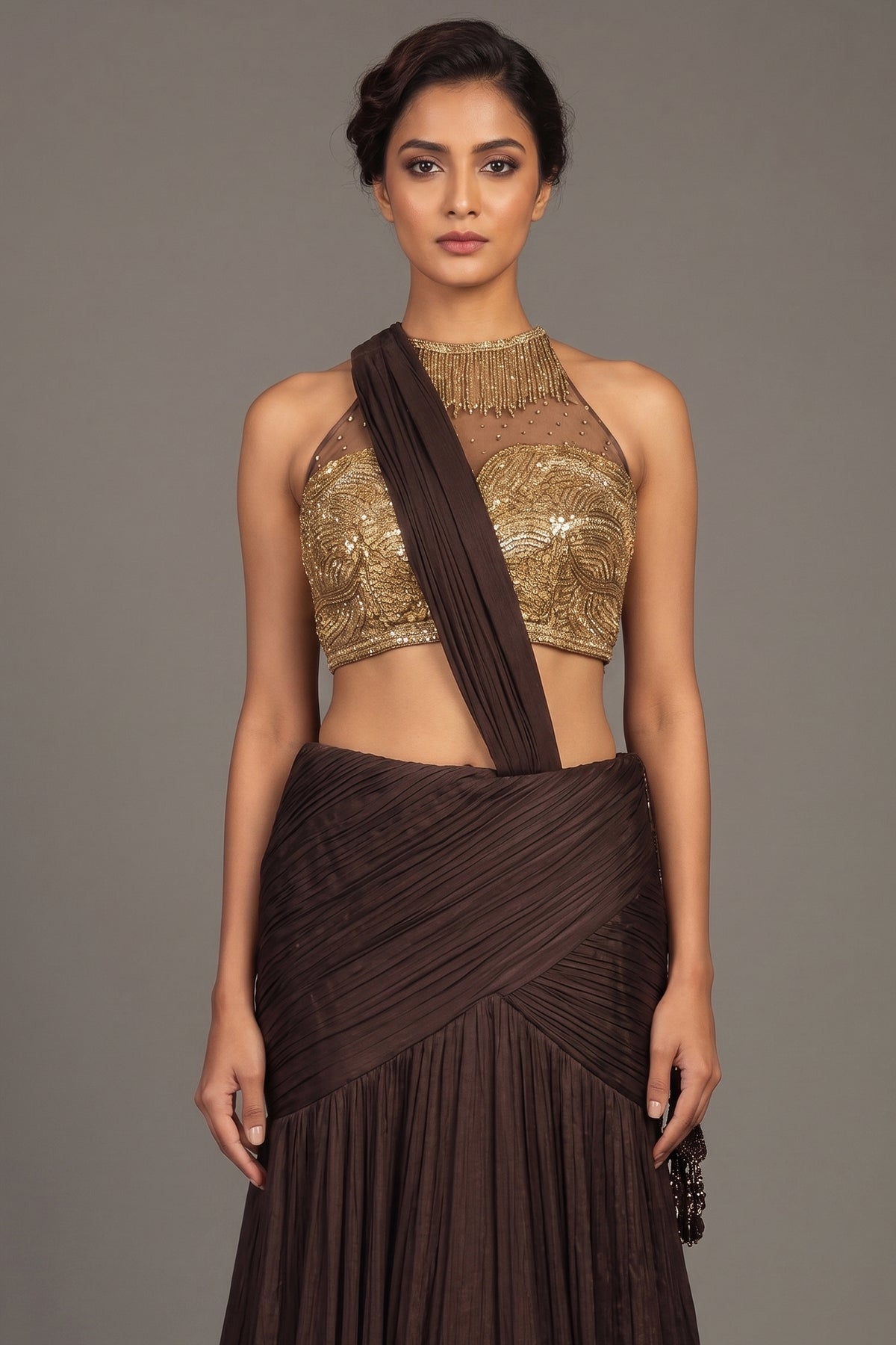 Brown Pleated Fish-Cut Lehenga with Gold Sequin Choli