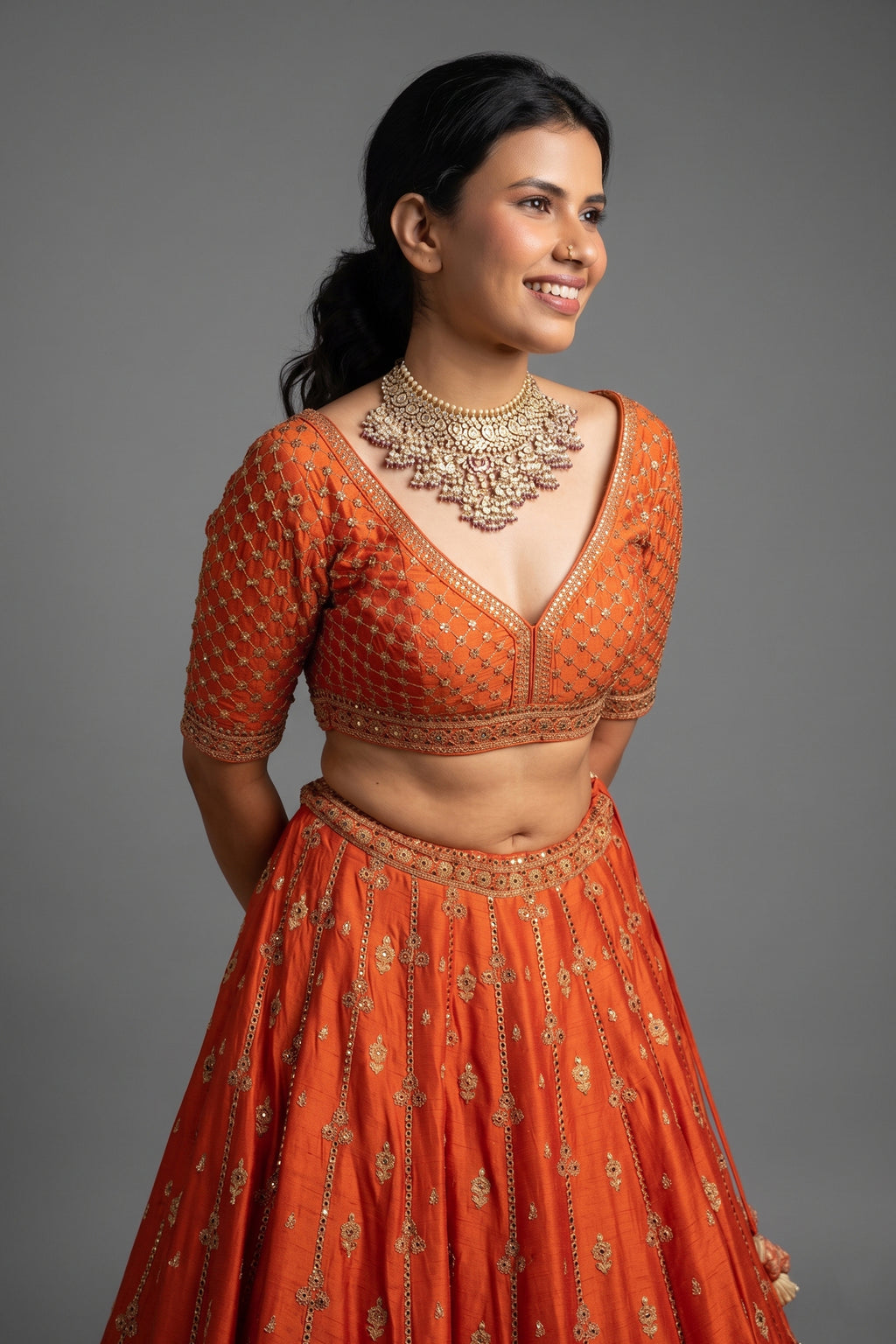 Orange Matka Silk Sequin Embroidered Lehenga