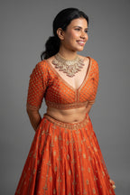 Orange Matka Silk Sequin Embroidered Lehenga