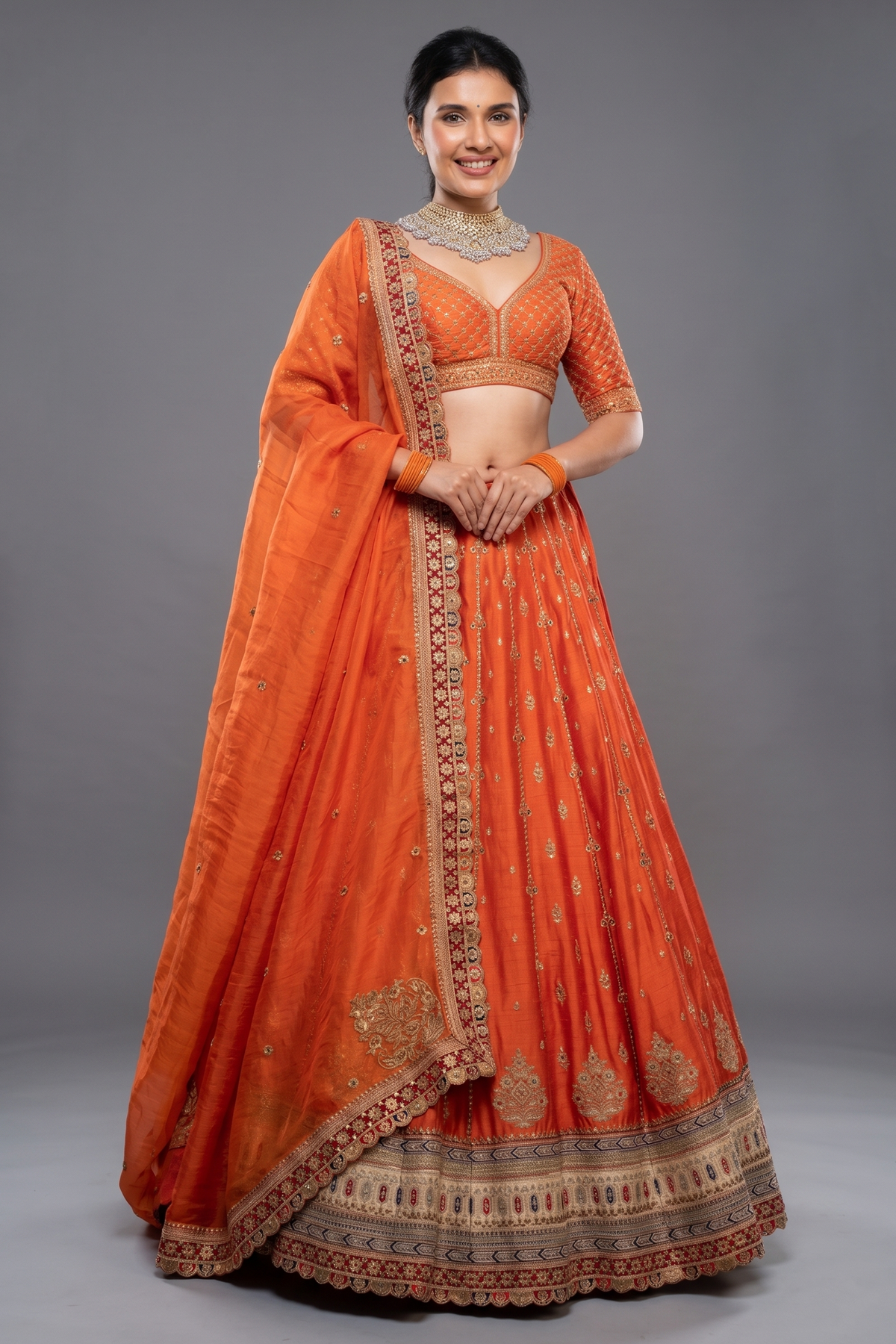 Orange Matka Silk Sequin Embroidered Lehenga