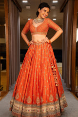 Orange Matka Silk Sequin Embroidered Lehenga