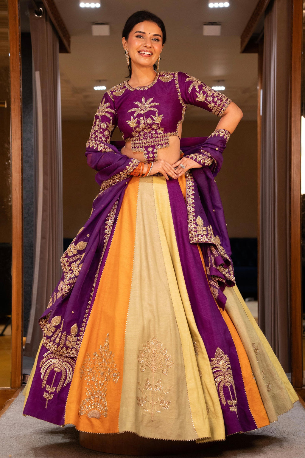 Multi Colored Matka Silk Lehenga with Zari Embroidered and Sequin Work