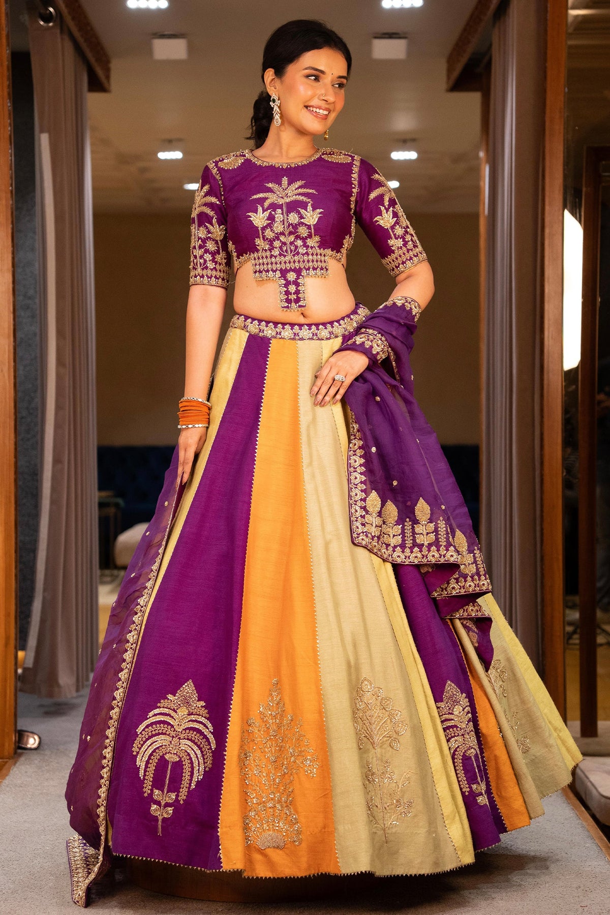 Multi Colored Matka Silk Lehenga with Zari Embroidered and Sequin Work